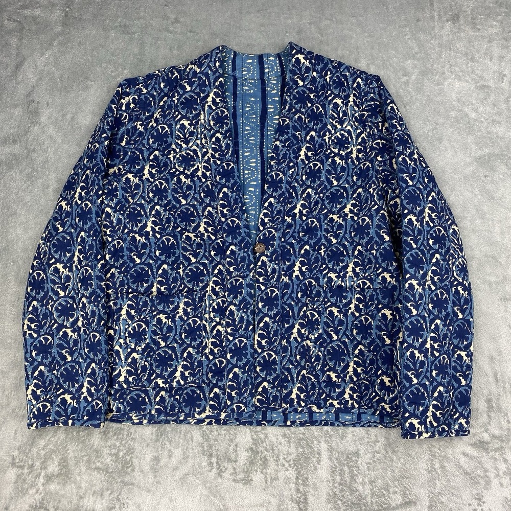 Pure J. Jill Sz L‎ Open Front 1 Button Reversible Quilted Jacket Blue Medallion